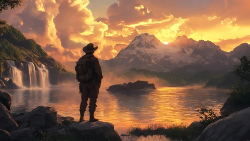 Explorer watches golden mountain lake sunset panorama.