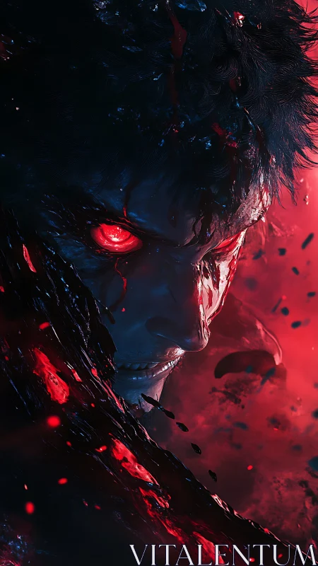 Demonic warrior portrait with glowing red eyes and molten void.