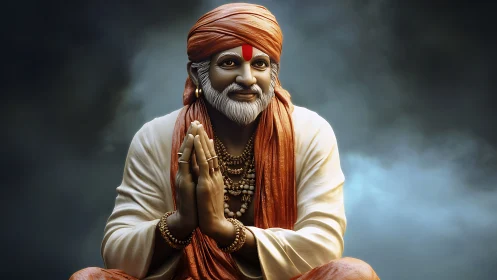 Serene elderly guru in orange robes under dramatic sky.