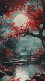 Moonlit forest stream is framed by dense red foliage