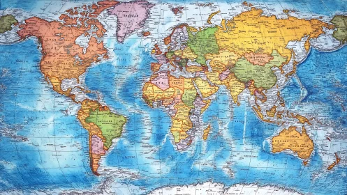 Political world map with pastel continents and blue oceans.