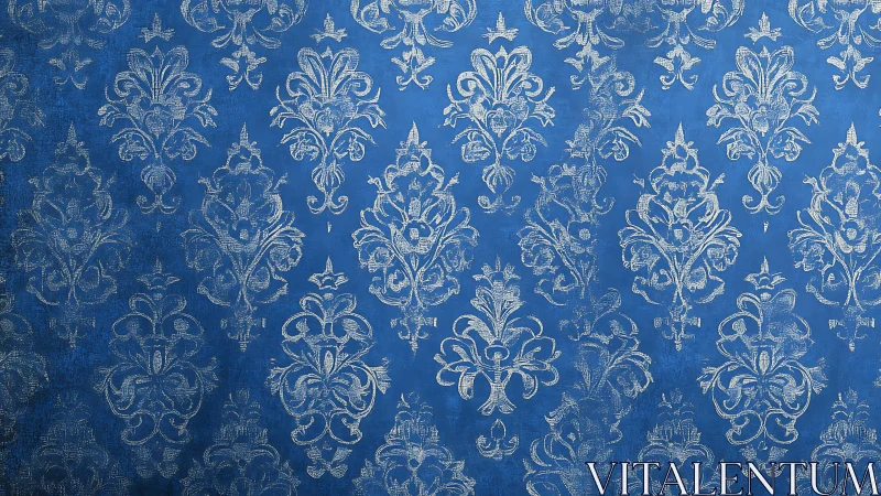 Blue ornamental wallpaper with repeating damask motifs pattern.
