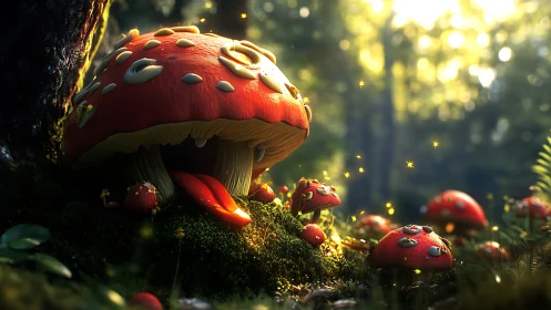 Playful forest mushroom creature glowing in gentle sunlight.