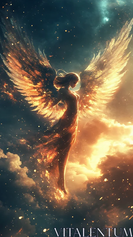 Radiant fire winged angel rising through glowing starlight.