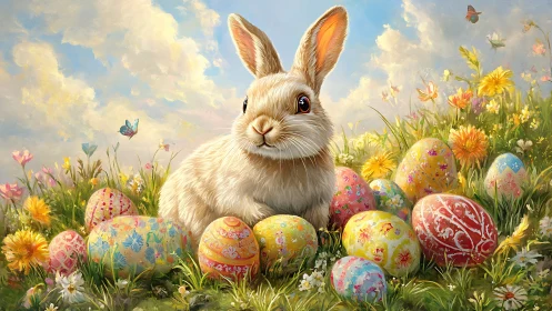 Spring meadow bunny among painted eggs and soft wildflowers.