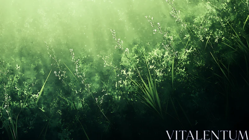 Sunlit wild grass field with glowing green haze atmosphere.