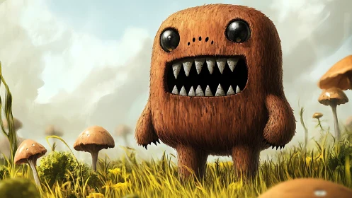 Furry brown creature with sharp teeth in mushroom field.