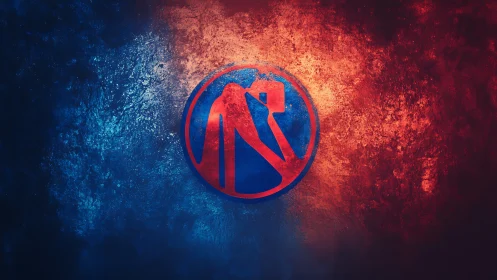 Red and Blue Logo Badge Glowing Against Fiery Texture