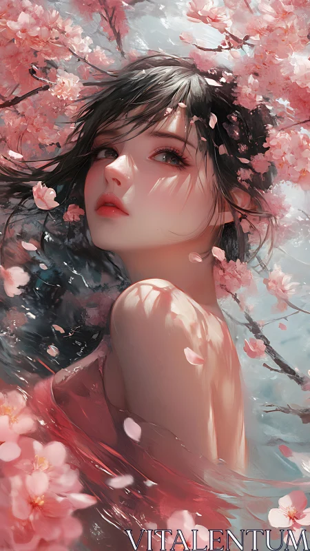 Digital painting portrait amid drifting sakura blossoms.