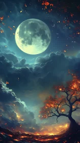 Luminous full moon above autumn tree and fiery cloudscape