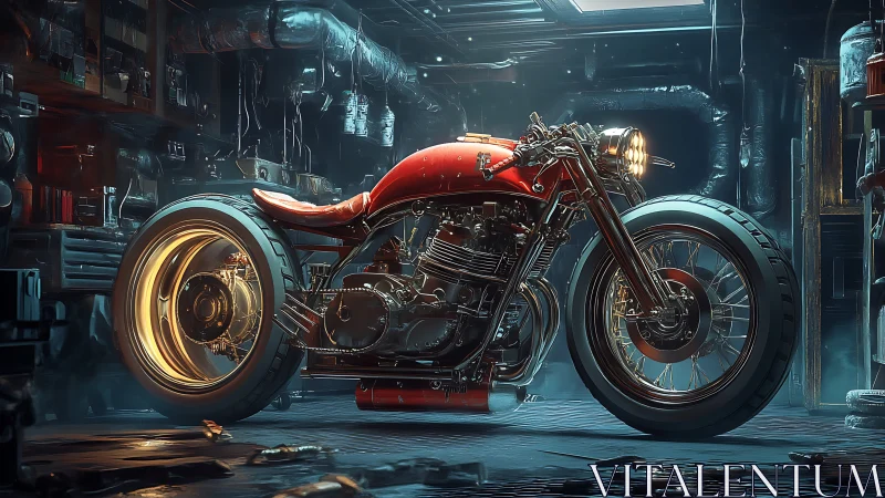 Red custom motorcycle in industrial workshop interior scene.
