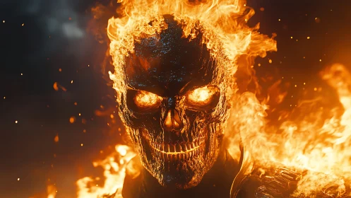 Burning skeletal head is rendered in high-contrast orange flames