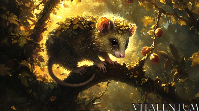 Forest mouse crowned in autumn leaves on glowing branch.
