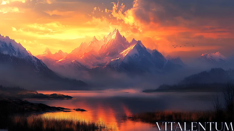 Fiery alpine sunrise ignites misty peaks and tranquil lake.