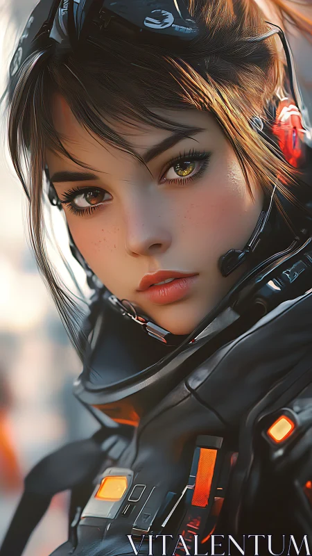 Cyberpunk portrait of female pilot in luminous tactical exosuit.