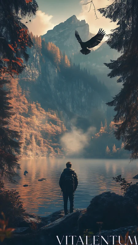 Figure observes mountain lake while bird flies across sky