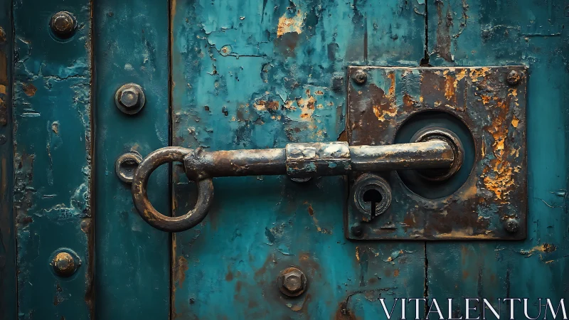 Weathered teal door lock holding quiet, timeworn secrets.