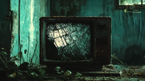 Broken retro TV in decayed teal room with creeping plants.