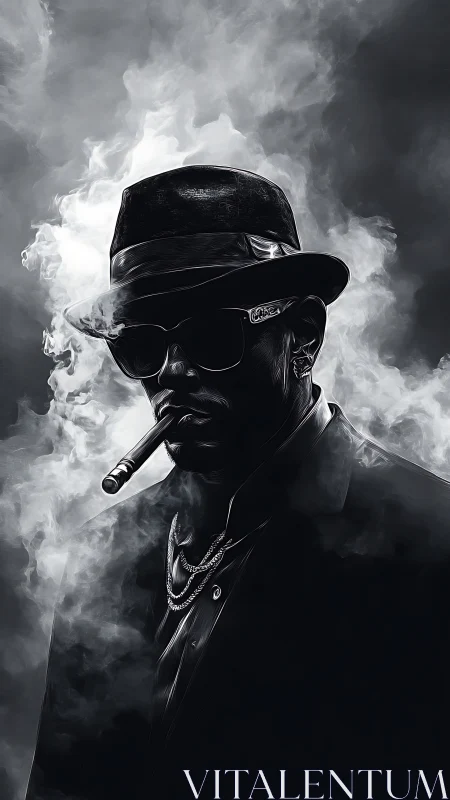 Silhouetted figure in hat and sunglasses stands amid smoke