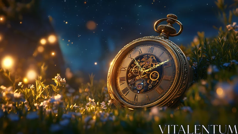 Gilded pocket watch glows with fireflies in a moonlit meadow.