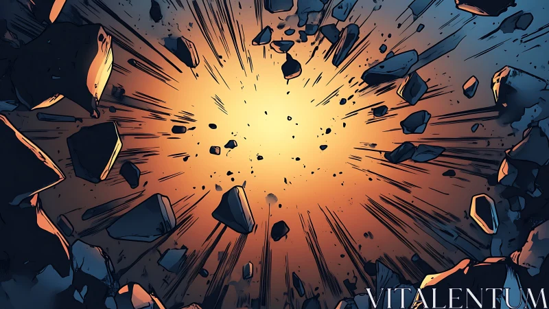 Rocky explosion radiates dynamic force and glowing energy.