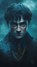 Storm-eyed young sorcerer emerges from swirling blue mist.