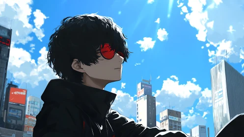 Urban skylight observer with red-lens occluded gaze profile.