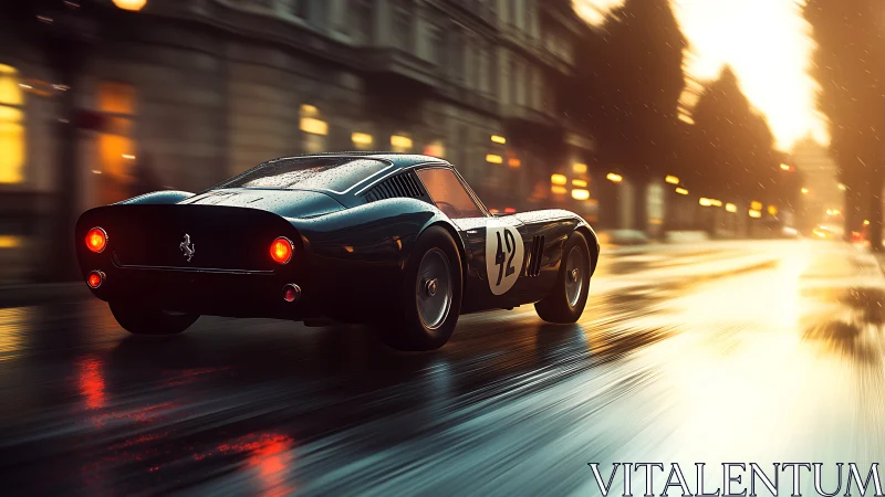 Vintage racer gliding through a rainlit city evening.