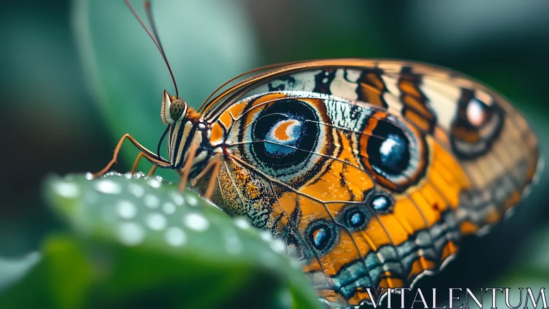 Vivid butterfly rests on dewy leaf in lush green garden