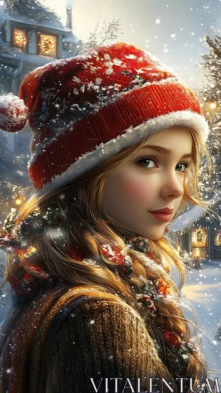 Snowlit girl in red hat savoring a quiet winter wonderland.