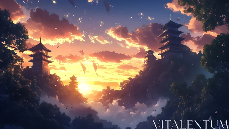 Sunlit mountain pagodas above drifting valley clouds.