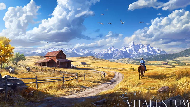 Rider follows dirt road past farm toward distant snowy peaks