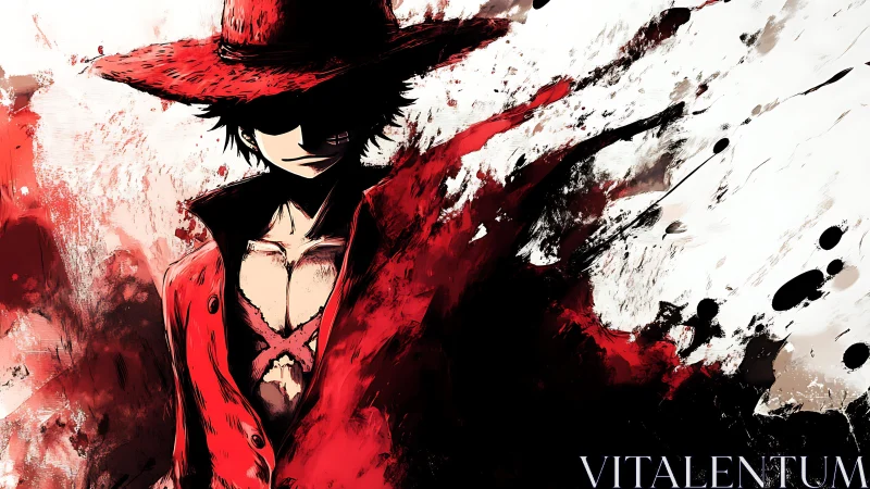 Red coated swordsman cuts through abstract ink storm.