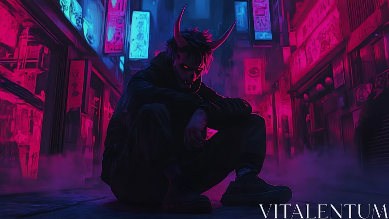 Demonic street figure crouches amid neon-lit cyberpunk alley
