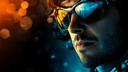 Cool reflections glow around a confident man in sunglasses