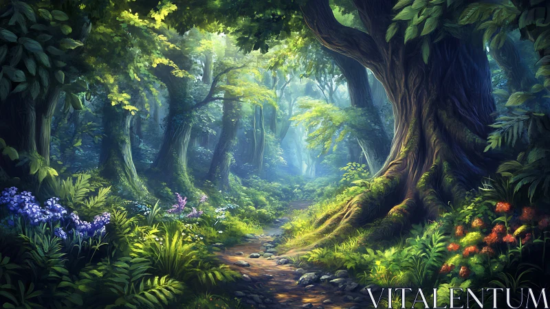 Ancient Forest Pathway with Towering Canopy and Luminous Understory