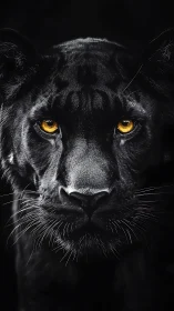Black Panther Portrait with Golden Eyes Against Dark Background