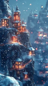 Lantern-lit cliffside towers whisper warmth into winter night