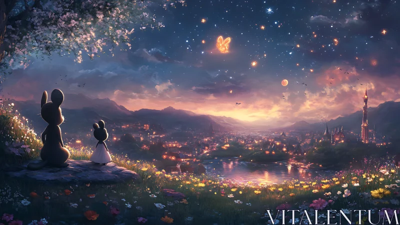 Stargazing bunny guardians over a glowing river kingdom.