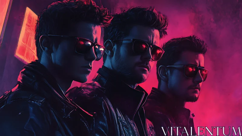 Neon cyberpunk trio in leather jackets and red shades.