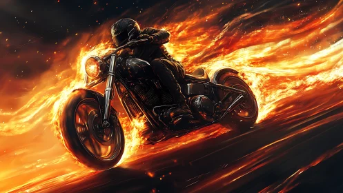 Motorcyclist speeding through intense fire trail scene.