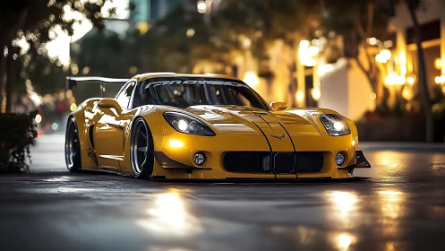 Golden street racer glows softly under warm city lights