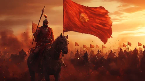 Mounted warrior leads cavalry charge under large red banner