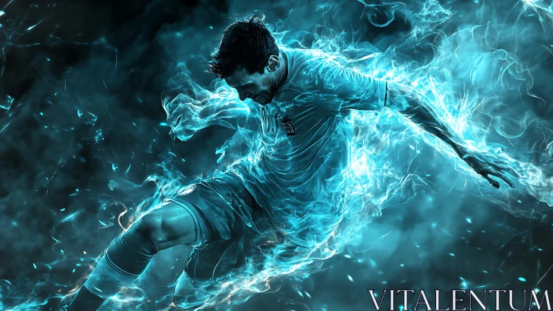 Male footballer in motion within blue energy effects.