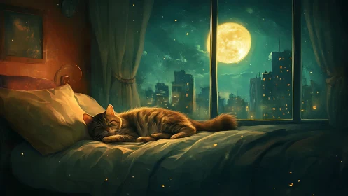 Ginger Cat Gazing at Moonlit Cityscape from Bedroom Window.
