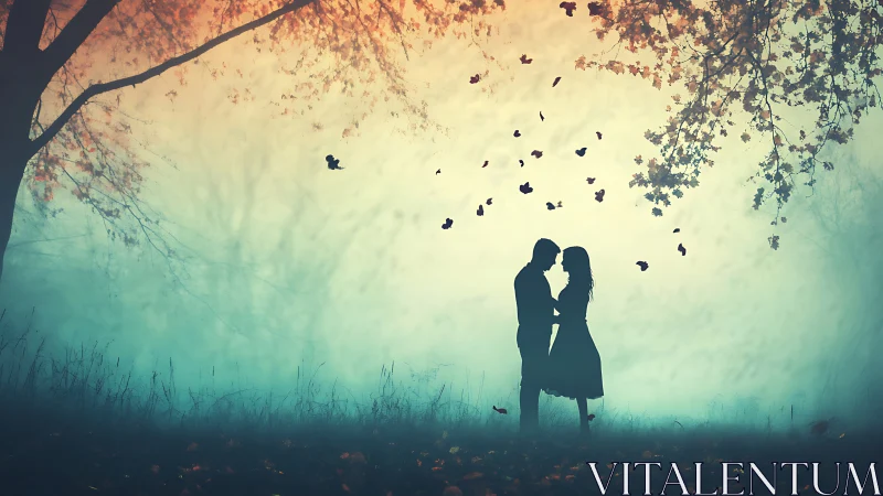 Silhouetted couple under autumn trees with falling leaves.