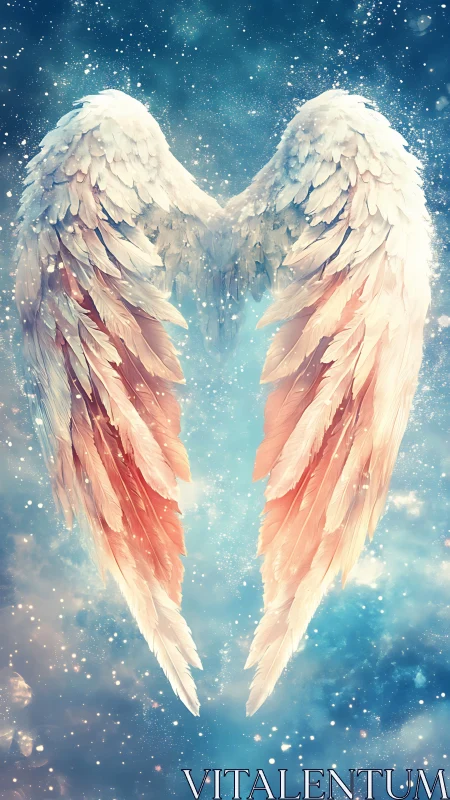 Celestial feathered wings glow against luminous starfield