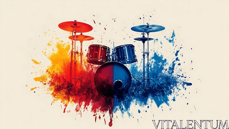 Split-tone drum kit rendered with dynamic paint-splash abstraction
