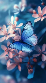 Gentle blue butterfly pauses softly among glowing blossoms