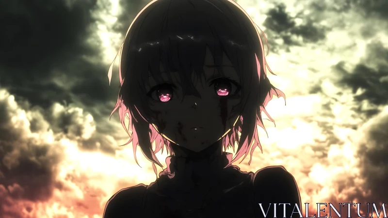 Silhouetted anime girl with glowing eyes at stormy sunset.